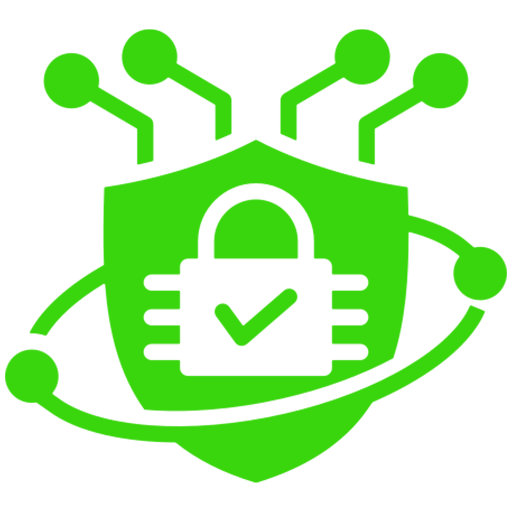 Green shield with a padlock and check mark, surrounded by digital connections. Symbolizes cybersecurity and digital protection.